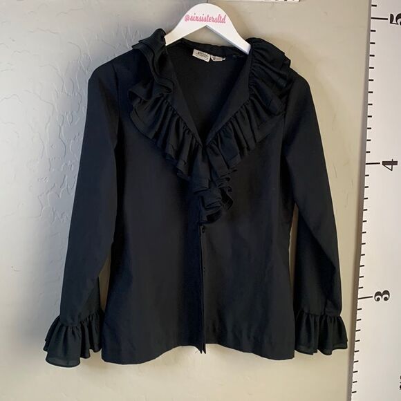 Jami Originals black ruffled collar blouse ruffles at sleeves too size 10 - Picture 2 of 13